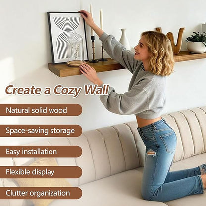 ROGMARS 36 Inches Long Walnut Floating Shelves,Rustic Solid Wood Farmhouse Wall Shelves with Invisible Brackets for Bathroom, Living Room, Bedroom, Kitchen Set of 2