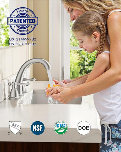 FORIOUS Faucet for Bathroom Sink 3 Hole,Brushed Nickel Bathroom Faucet Widespread with Pop Up Drain and Water Hose Supply, 2 Lever Handles Design,for Comercial Vanity RV Camper Sink