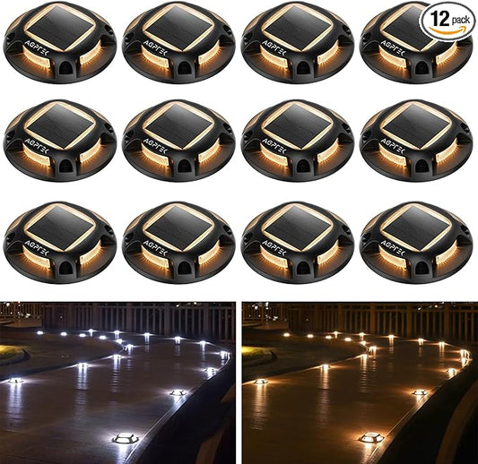 AGPTEK Solar Driveway Lights Outdoor 12 Pack, 2 Color Modes LED Deck Dock Marine Waterproof Driveway Marker Lights for Step Sidewalk Stair Garden Pathway Walkway Yard (Warm White/Cool White, Black)