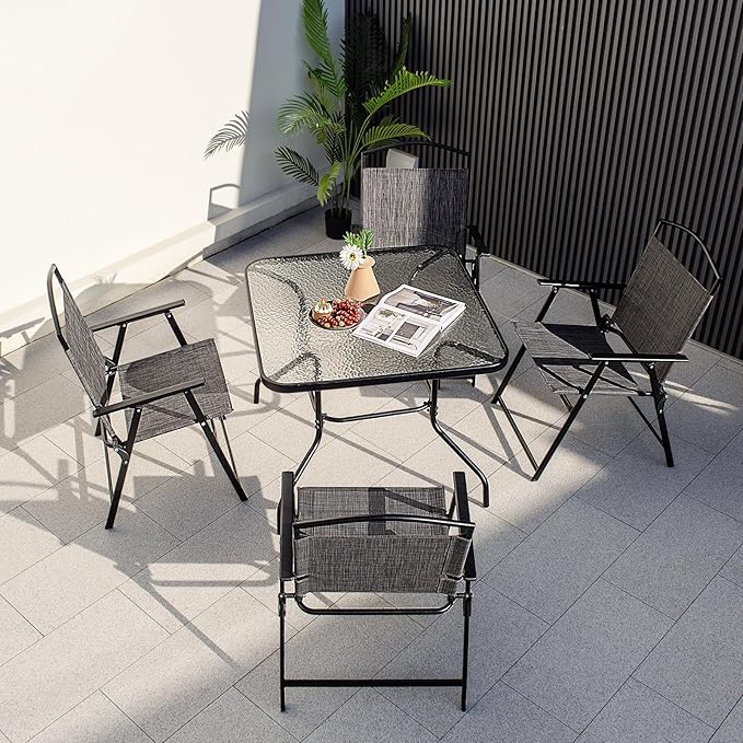 Giantex 34 Inch Outdoor Dining Table, Square Tempered Glass Table w/ 1.5” Umbrella Hole, Rustproof Metal Frame, Patio Dining Table for Balcony, Porch, Garden
