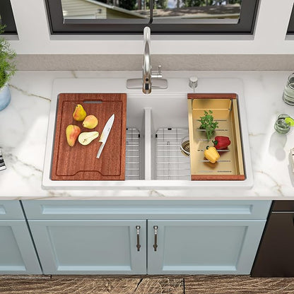33 Granite Composite Kitchen Sink Double Bowl - Fulorni 33"x22" Granite Kitchen Sink White Ledge Workstation Drop in Topmount Double Bowl 50/50 Luxury Quartz Classic Above Counter Basin