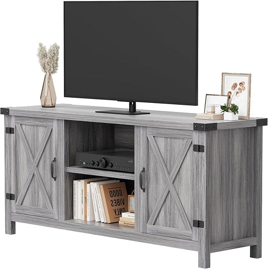 YESHOMY Modern Farmhouse TV Stand with Two Barn Doors and Storage Cabinets for Televisions up to 65+ Inch,Entertainment Center Console Table,Media Furniture for Living Room,Rustic Gray