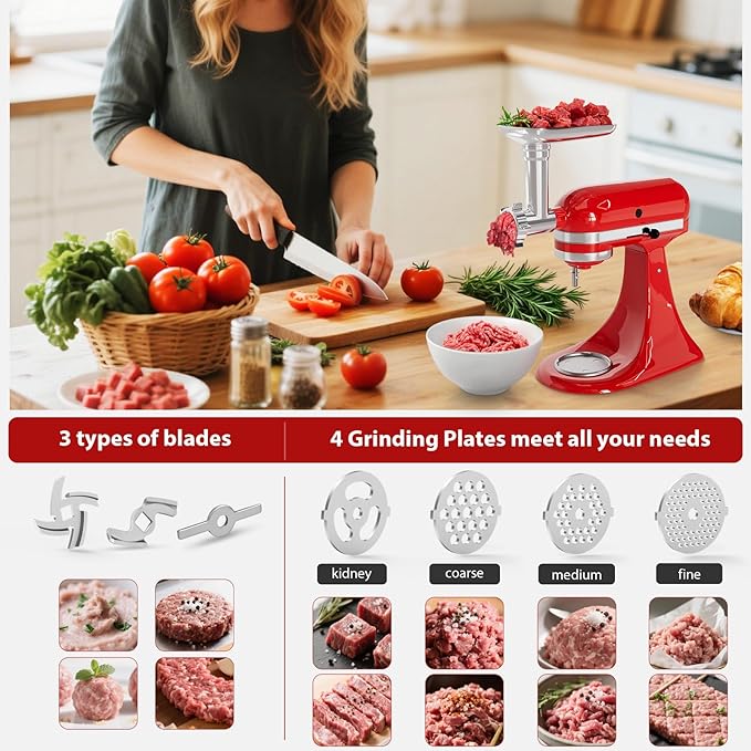 21Pcs Meat Grinder & Cheese Grater Attachment for KitchenAid Stand Mixer, with 4 Grinding Plates, Metal Sausage Stuffer Tubes, 4 Slicer Shredder Attachment, Kitchen Aid Accessories and Attachments