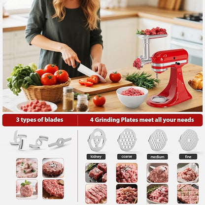 21Pcs Meat Grinder & Cheese Grater Attachment for KitchenAid Stand Mixer, with 4 Grinding Plates, Metal Sausage Stuffer Tubes, 4 Slicer Shredder Attachment, Kitchen Aid Accessories and Attachments