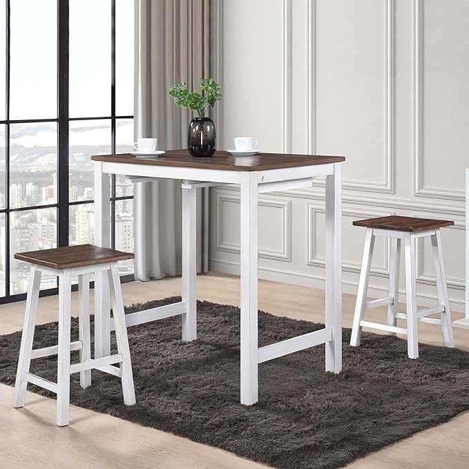 Small Kitchen Island with Seating, Modern Farmhouse 3 Piece Counter Height Dining Set, Solid Wood Counter Bar, Space Saving Breakfast Pub Set for 2, Ideal for Small Home