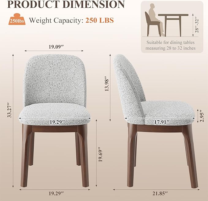 MALOL Wooden Dining Chairs Set of 2, Upholstered Kitchen & Dining Room Chairs with Thickened Wooden Legs, Farmhouse Side Chairs, Light Grey