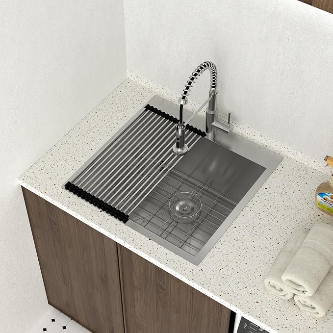 Lordear Drop In Laundry Sink with Faucet 22"x22"x12" Topmount Utility Sink 16 Gauge Stainless Steel Single Bowl for Laundry Room