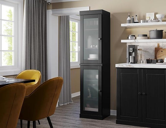 Palace Imports Solid Wood Kitchen Pantry Cabinet w/Frosted Glass Doors - Narrow Storage Cabinet - 16.5" Wide x 71.5" Tall - Black, Adjustable Shelves, 100% Eco-Friendly Wood, Modular Cabinets
