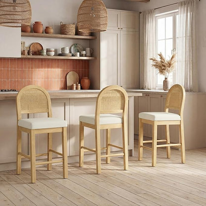Rattan Counter Height Bar Stools Set of 3, Upholstered Farmhouse Barstools with Natural Rattan Back, Wooden Legs for Kitchen Island, Natural/Linen