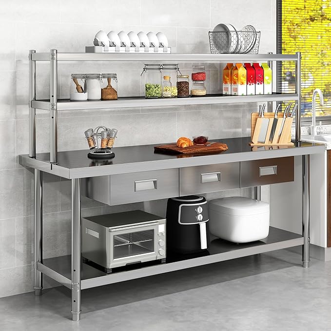 YITAHOME 72"x24" Stainless Steel Work Table with 3 Drawers & Upper Shelf, NSF-Certified Commercial Metal Table with 72"x12" Overshelf, Utility Prep Station