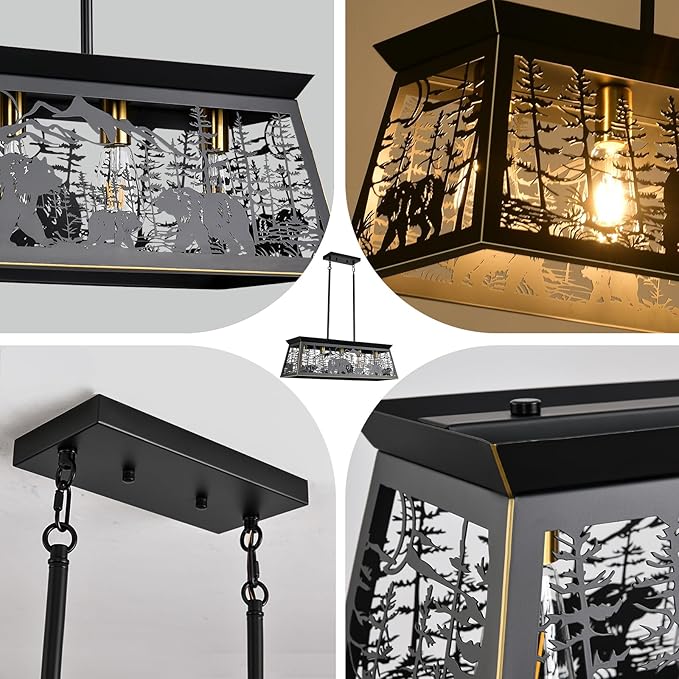 Farmhouse Rustic Dining Room Light Fixture with Bear Design, Black Kitchen Island Lighting, Black Rectangle Chandeliers，Rustic Chandelier for Dining Room Kitchen Island (32-Inch 5-Light)