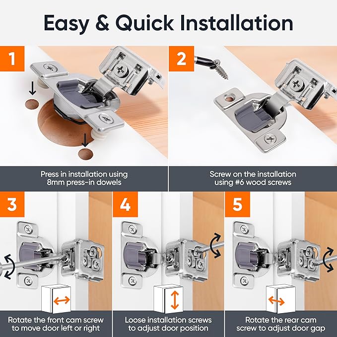 Decobasics 2 Pack Soft Close Cabinet Hinges 1-1/4" Overlay for Kitchen Cabinet Doors, Slow Self-Closing Concealed Hidden Hinges for Face Frame –Stainless Steel, 3-Way Adjustable & Quiet Close Damper