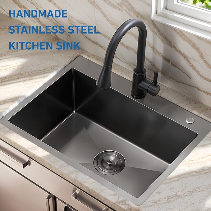 24x18 Gunmetal Black Small Kitchen Sink, Drop In 16 Gauge Stainless Steel Single Bowl Sinks, Topmount Wet Bar RV Prep Utility Sink with Drain