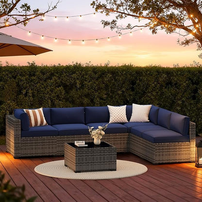 LazySunsets 7-Piece Patio Furniture Set, Wicker Rattan Outdoor Furniture with Thick Cushions, Patio Conversation Sets with Coffee Table, Outdoor Sectional Couch Sofa with Waterproof Cover, Blue