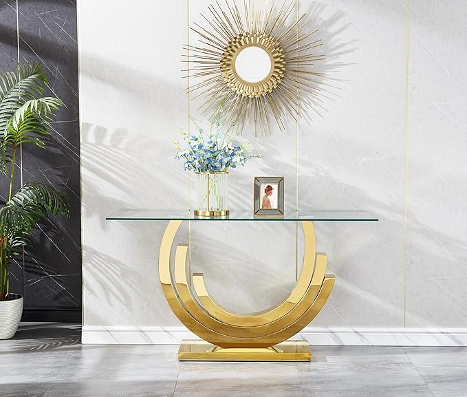 HomVent 55.12" Glass Console Table, Living Room Entry Tables, Modern Narrow Gold Tempered Glass Top Side Tables Bedroom, Rectangle Bedside Eating Tables for Home Office with Stainless Steel Base