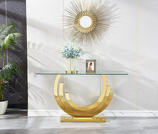 HomVent 55.12" Glass Console Table, Living Room Entry Tables, Modern Narrow Gold Tempered Glass Top Side Tables Bedroom, Rectangle Bedside Eating Tables for Home Office with Stainless Steel Base