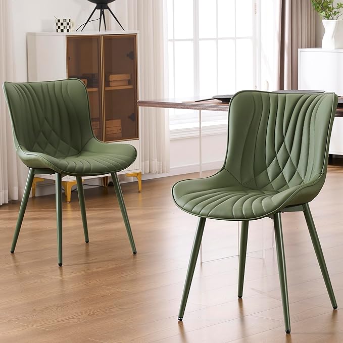 Kidol & Shellder Dining Chairs Set of 2, Mid Century Modern Kitchen Chairs with Metel Legs, PU Leather Upholstered Side Chair for Dining Room, Living Room, Lounge, Restaurant, Bean Green