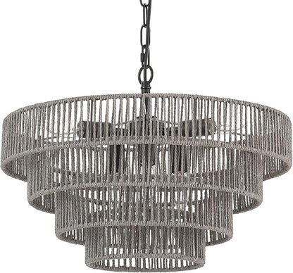 20” Hand-Woven Rattan Chandelier 6-Lights Transitional Minimalist 4 Round Boho Large Coastal Pendant Light for Kitchen Island Dining Room Living Room Hallway, Gray, UL Listed