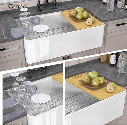 GETPRO White Farmhouse Sink 33 X 20 Fireclay Apron Front Undermount Workstation Kitchen Sink Single Bowl Reversible Farm House Style Extra Deep & Wide with Cutting Board & Accessory Kit