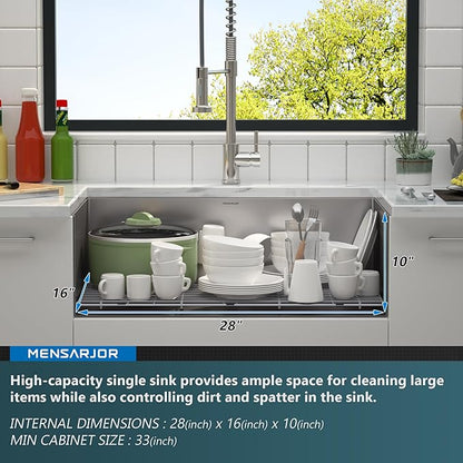 MENSARJOR Undermount Kitchen Sink, 304 Stainless Steel Round Corner Single Bowl Deep Kitchen Sinks, 10-inch Deep Large Bar Sink, 30"X18"Inch