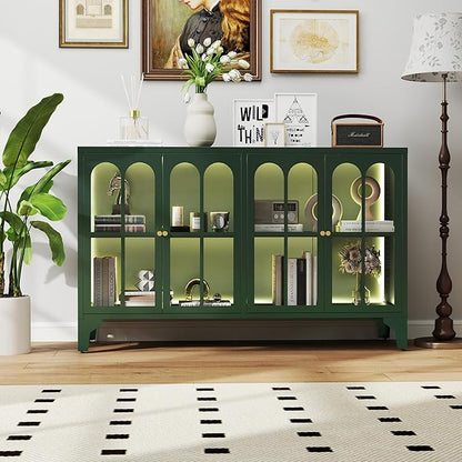 Foreate Green Sideboard Buffet Cabinet with Glass Door & LED Light, 53.2" Large Buffet Cabinet with Storage & Adjustable Shelf, Farmhouse Sideboard Credenzas Metal Kitchen Buffet