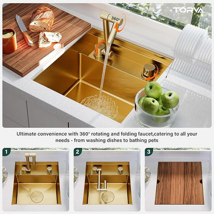 TORVA Gold Stainless Steel RV Sink, 16x17x9 Inch Undermount Single Bowl Kitchen Sink, Nano Coating, 16 Gauge Durable Bar Sink for RV, Camper, Trailer, and Small Kitchen