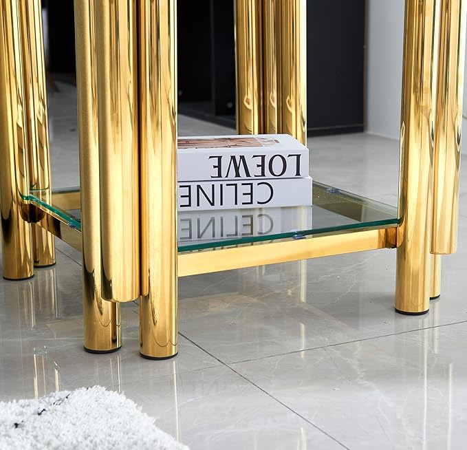 20" Square End Table, Modern Stainless Steel End Table, Double-Layer Clear Tempered Glass with Storage, for Living Room Home Office, Gold