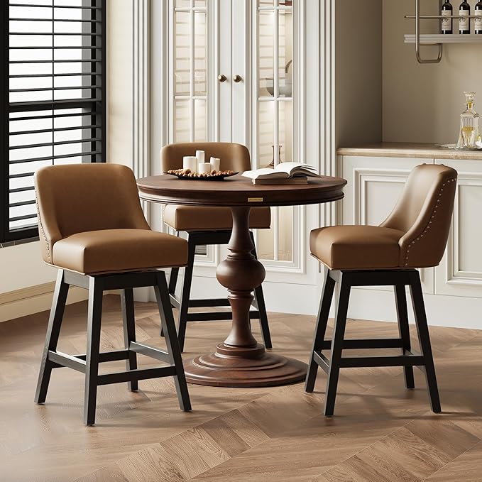 MALOL Swivel Bar Stools Set of 3, 27" Counter Height Kitchen Stools with Padded Seats and Solid Wood Legs, Upholstered Barstools for Kitchen Island, Breakfast Nook (Brown)