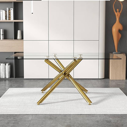 71” Glass Dining Table, Large Dining Table for 6–8 People with 0.4" Thick Tempered Glass Top, Modern Kitchen Table with Gold Metal Leg for Kitchen Dining Room