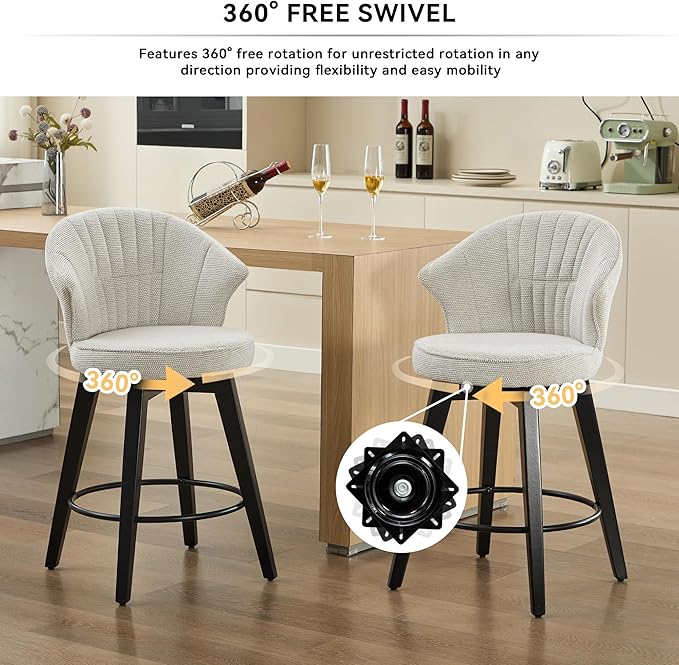 Wing Back Swivel Bar Stools Set of 2 25" Counter Height Adjustable Stools with Solid Wood Legs Chenille Upholstery, Leveling Feet for Kitchen Island, Home Pub or Dining Room, White