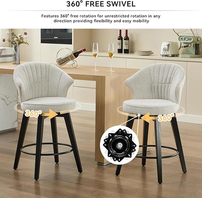 Set of 2 White Wing Back Swivel Bar Stools - 25" Counter Height, Solid Wood Legs, Stain-Resistant Chenille Upholstery, Adjustable Leveling Feet for Kitchen Island & Home Pub