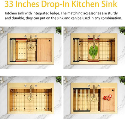 LQS Gold Kitchen Sink 33x22, Gold Drop In Kitchen Sink with 3 Holes, 33 Inch Large Top Mount Stainless Steel Handmade Sturdy 16 Gauge T304 with Abundant Accessories, R10 Round Corner