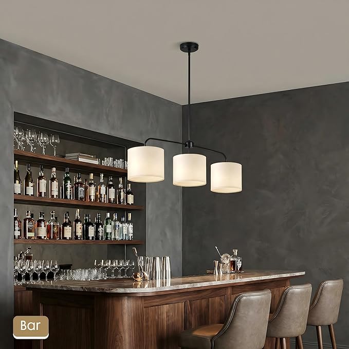 3-Light Black Linear Chandelier with Linen Beige Drum Shades, Modern Pendant Light Fixture for Kitchen Island, Dining Room, Living Room, Bedroom, E26 Base Compatible