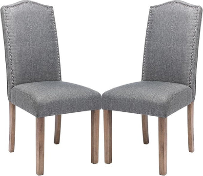 Upholstered Dining Chair Modern Stylish Parsons Kitchen Diner High Back with Silver Nailhead Trim & Wood Legs, Set of 2, Fabric Classic Grey