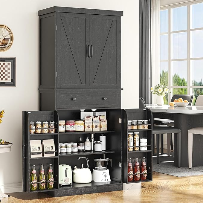 kepptory 72" Tall Kitchen Pantry Cabinet, Black Pantry Storage Cabinet with Adjustable Shelves, Barn Doors and Drawer, Farmhouse Cupboard for Kitchen, Dining Room, Bathroom (16" D x 30" W x 72" H)