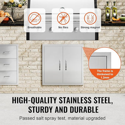 VEVOR BBQ Access Door, 24W x 24H Inch Double Outdoor Kitchen, Stainless Steel Flush Mount Door, Double Wall Vertical with Handles and Hooks, for BBQ Island, Grilling Station, Outside Cabinet