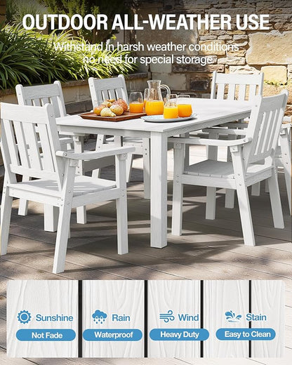 YEFU HIPS Patio Table Set: 7 Piece Outdoor Table and Chairs Dining Furniture Set with Umbrella Hole - White Modern Plastic Dining Sets 6 Person for Outside Deck with Metal Aluminum Frame