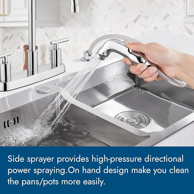 Kitchen Faucets, High Arc 360°Rotating Spout Kitchen Sink Faucet, 2 Handle 8 Inch Centerset RV Kitchen Faucet with Supply Lines, 3 or 4 Hole Kitchen Faucet with Side Sprayer, Polish Chrome