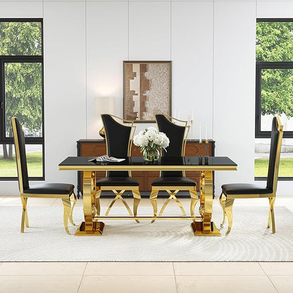 7-Piece Modern Luxury Dining Table Set, 70" Black Tempered Glass Dining Table with Gold Polished Stainless Steel U-Shaped Pedestal Base, 6 Black PU Leather X-Leg Dining Chairs, for Dining Room