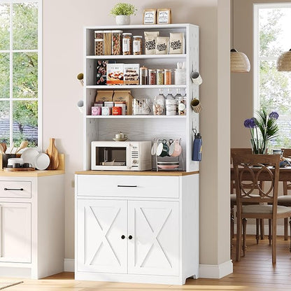 IRONCK Bakers Rack Microwave Stand Storage and Customizable Pegboard, 71" Farmhouse Coffee Bar Cabinet with Drawer, Barn Doors, Adjustable Shelves for Kitchen, Dining Room, White
