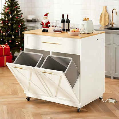 DWVO Kitchen Island with Power Outlet, 40 inch Rolling Island Table with Trash Can Cabinet fits Double 10-Gallon Bin, Square Mobile Storage Islands with Tilt Out Garbage Bin Cabinet, White Oak