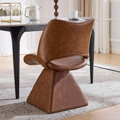 Swivel Dining Chair Upholstered Faux Leather Accent Seat with Curved High Back, Cushioned Foam Padding, Solid Wood and Metal Base, Modern Armless Side Chair for Kitchen Island Vanity Desk (Brown)