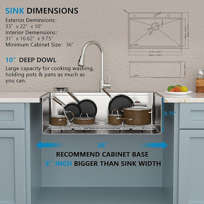 33"x22" Drop In Kitchen Sink Ledge Workstation – 16 Gauge 304 Stainless Steel, Single Bowl Overmount Top Mount Sink Basin with Faucet Combo & Glass Rinser