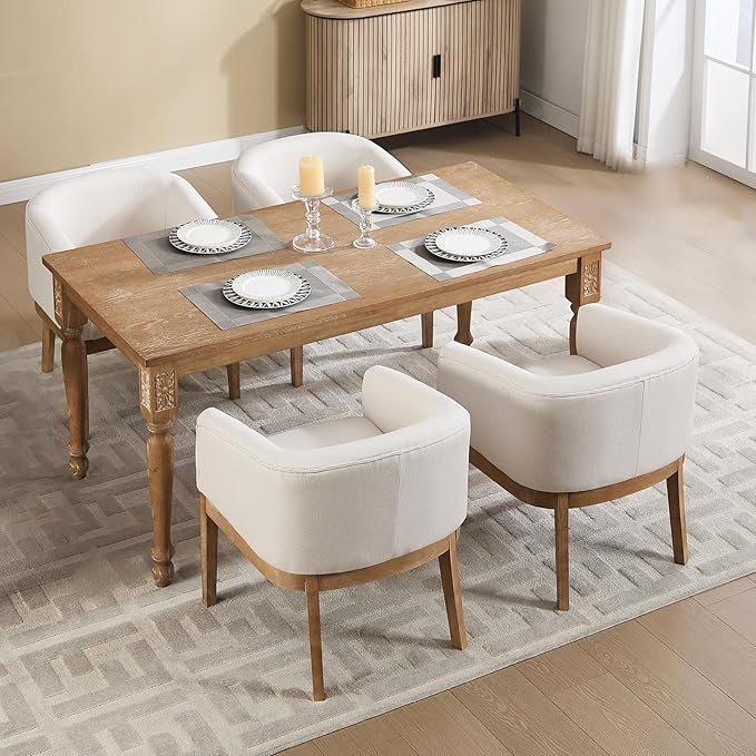 Barrel Dining Chairs Set of 4, Mid Century Modern Farmhouse Kitchen Chairs with Wood Legs, Linen Upholstered Accent Chair with Arms for Living Room/Bedroom, Beige