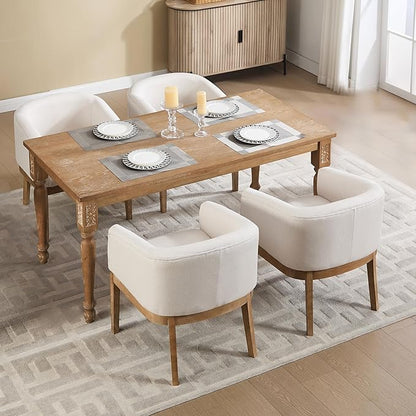 Barrel Dining Chairs Set of 4, Mid Century Modern Farmhouse Kitchen Chairs with Wood Legs, Linen Upholstered Accent Chair with Arms for Living Room/Bedroom, Beige