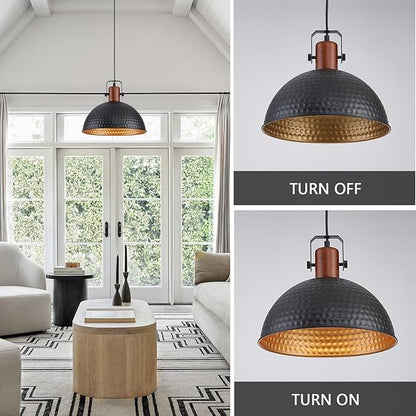12 Inch Black Pendant Lights Hammered Matte Pendant Lights for Kitchen Island Industrial Farmhouse Adjustable Height Dome Hanging Light Fixtures for Barn, Dining Room 1 Pack