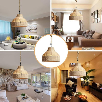 GWY Hemp Rope Weaved Pendant Lamp, Retro Natural Rattan Handmade Woven E27 Chandelier Hanging Light Ceiling Lighting Fixture for Living Room Bedroom Restaurant Cafe Teahouse Bar Dining Room Club