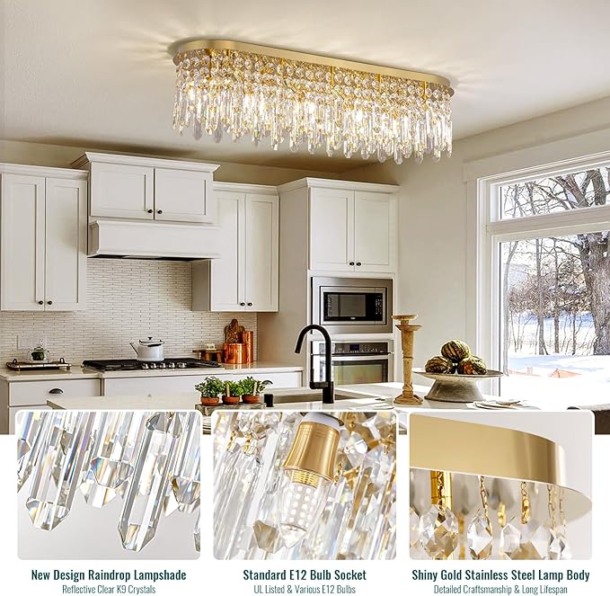 Siljoy Modern Crystal Chandelier 10 Lights Gold Rectangular Flush Mount Raindrop Crystal Chandelier Ceiling Light Fixture Oval for Dining Room Living Room Kitchen Island L40 Inch