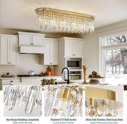 Siljoy Modern Crystal Chandelier 10 Lights Gold Rectangular Flush Mount Raindrop Crystal Chandelier Ceiling Light Fixture Oval for Dining Room Living Room Kitchen Island L40 Inch