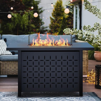 Vongrasig 8 Pieces Patio Furniture Set with 43" Fire Pit, Outdoor Couch Sectional Set, Small Conversation Set, 50,000 BTU Gas Fire Pit Propane Fire Table with Lid, Glass Wind Guard, Beige